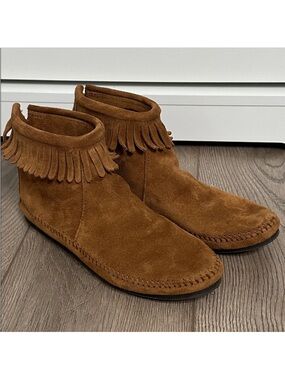 Minnetonka Suede Back Zip Ankle Boots Moccasins Brown Size‎ 8.5